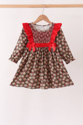 Red Floral Smocked Ruffle Dress