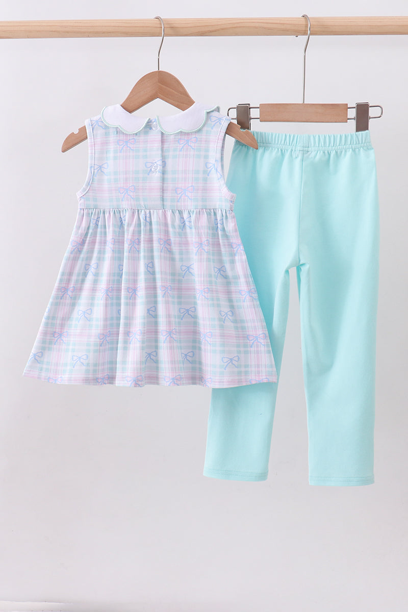 Blue plaid bow floral pants set