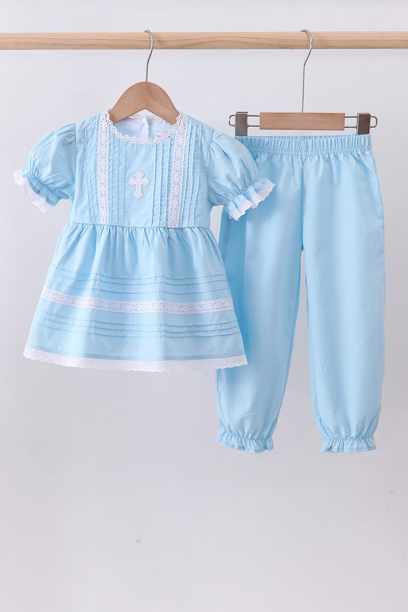 Blue cross embroidery lace pants set