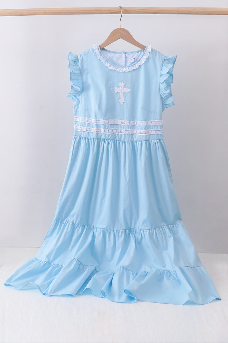 Blue cross embroidery ruffle tiered dress