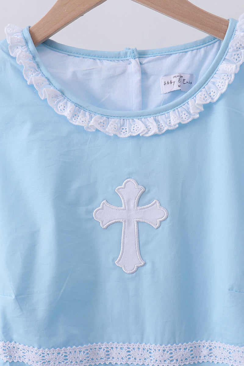 Blue cross embroidery ruffle tiered dress