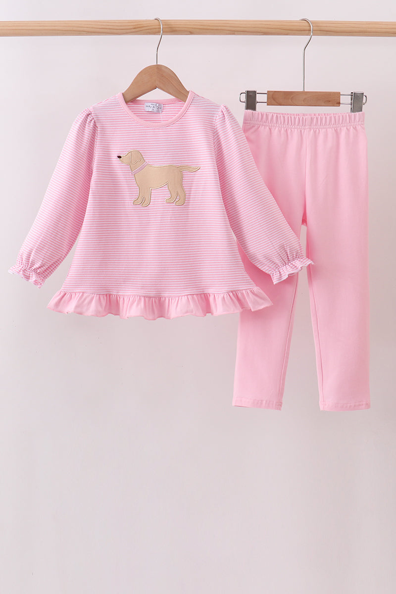 Pink Stripe Puppy Embroidery Ruffle Pants Set