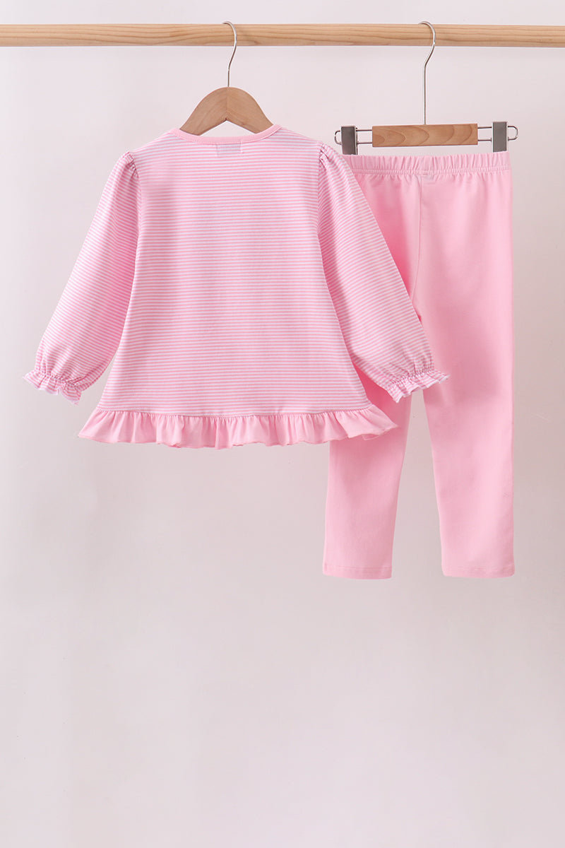 Pink Stripe Puppy Embroidery Ruffle Pants Set