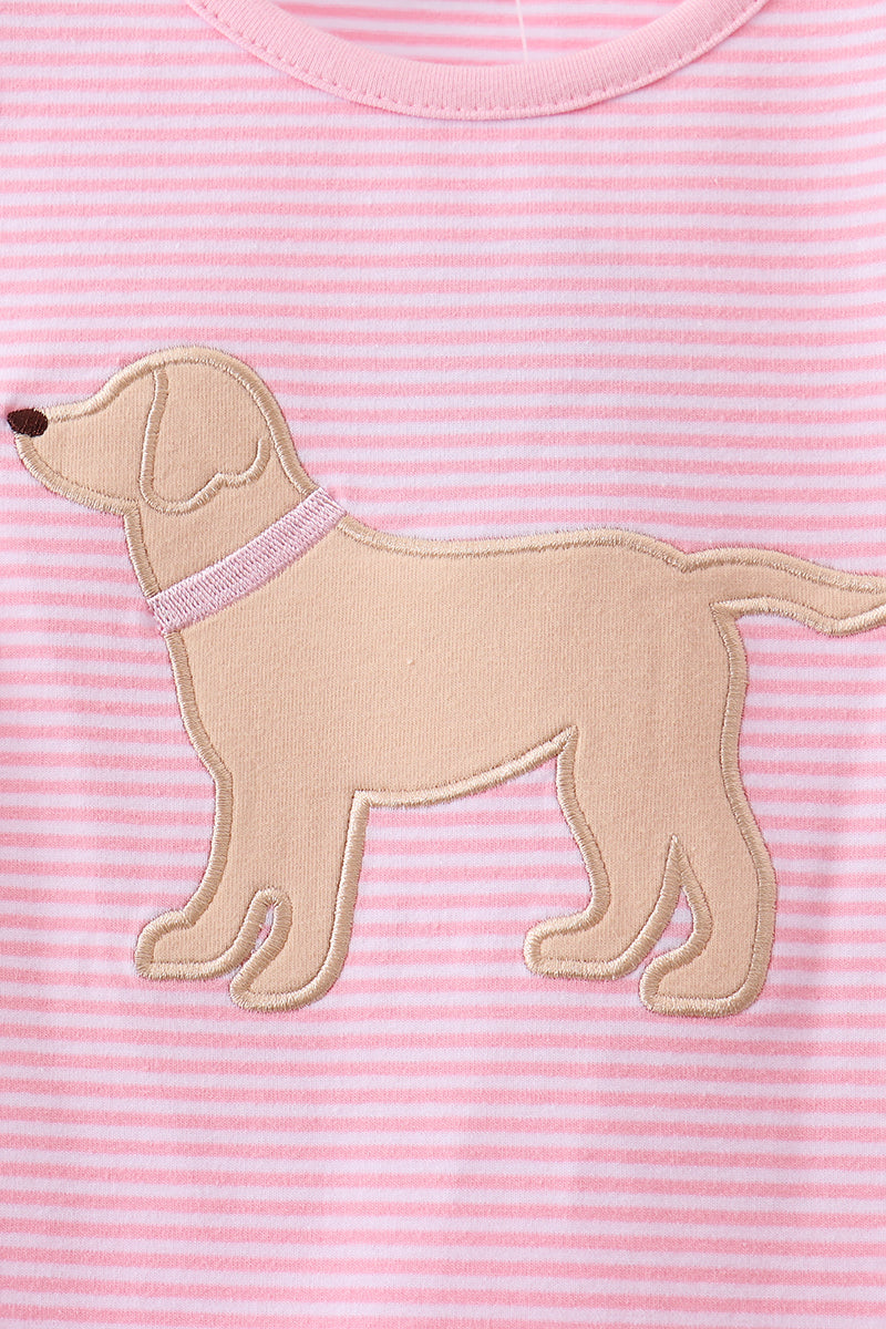 Pink Stripe Puppy Embroidery Ruffle Pants Set