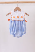 Blue Gingham Pumpkin Embroidery Bow Bubble