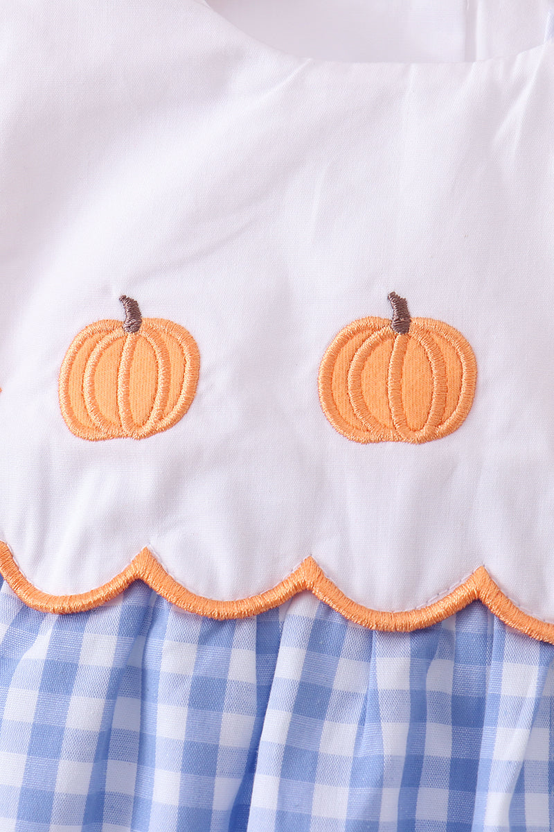 Blue Gingham Pumpkin Embroidery Bow Bubble