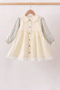 Cream Plaid Button Dress