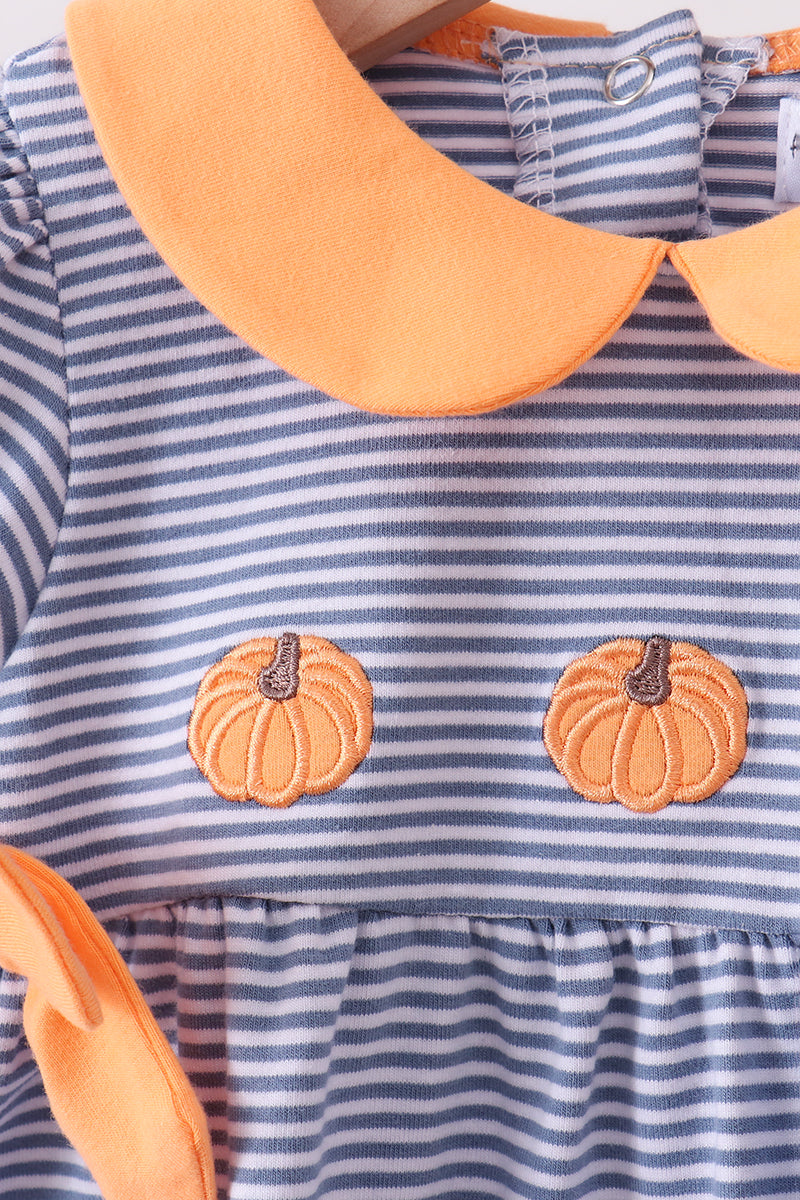 Teal Stripe Pumpkin Embroidery Bow Bubble