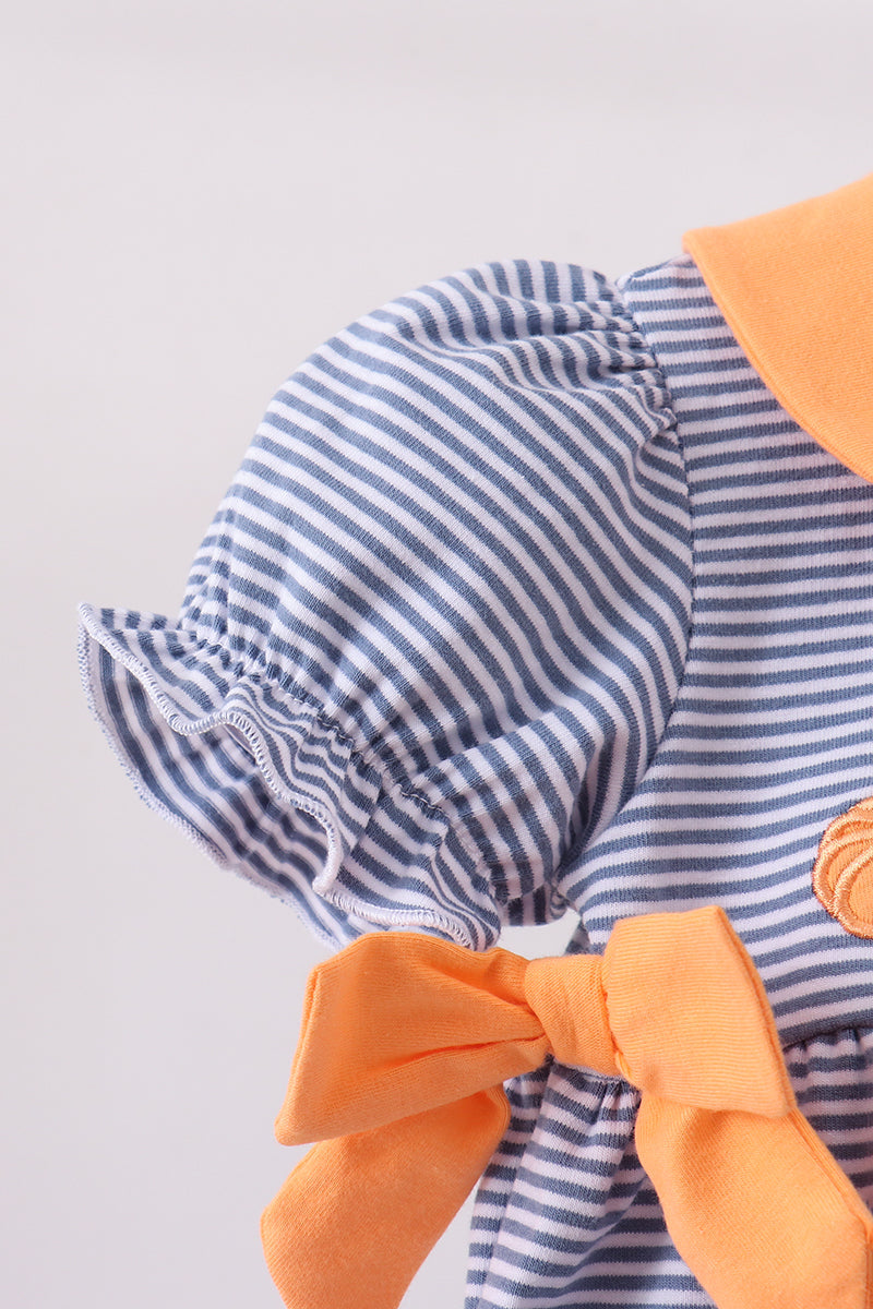 Teal Stripe Pumpkin Embroidery Bow Bubble