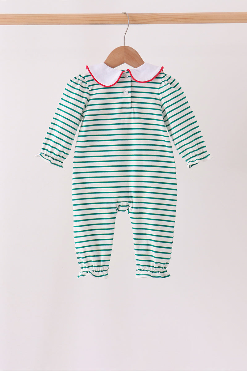 Green stripe gingerbread embroidery ruffle romper