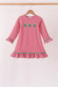 Red stripe christmas tree embroidery ruffle dress