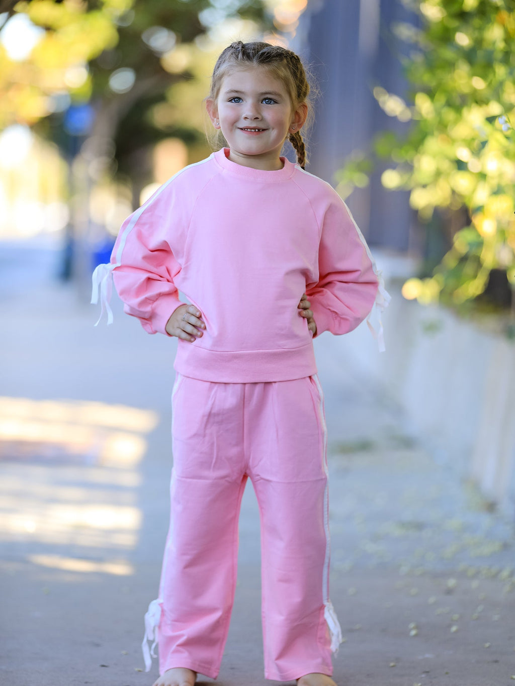 Girls Bow Trim Sweatshirt And Pants Set