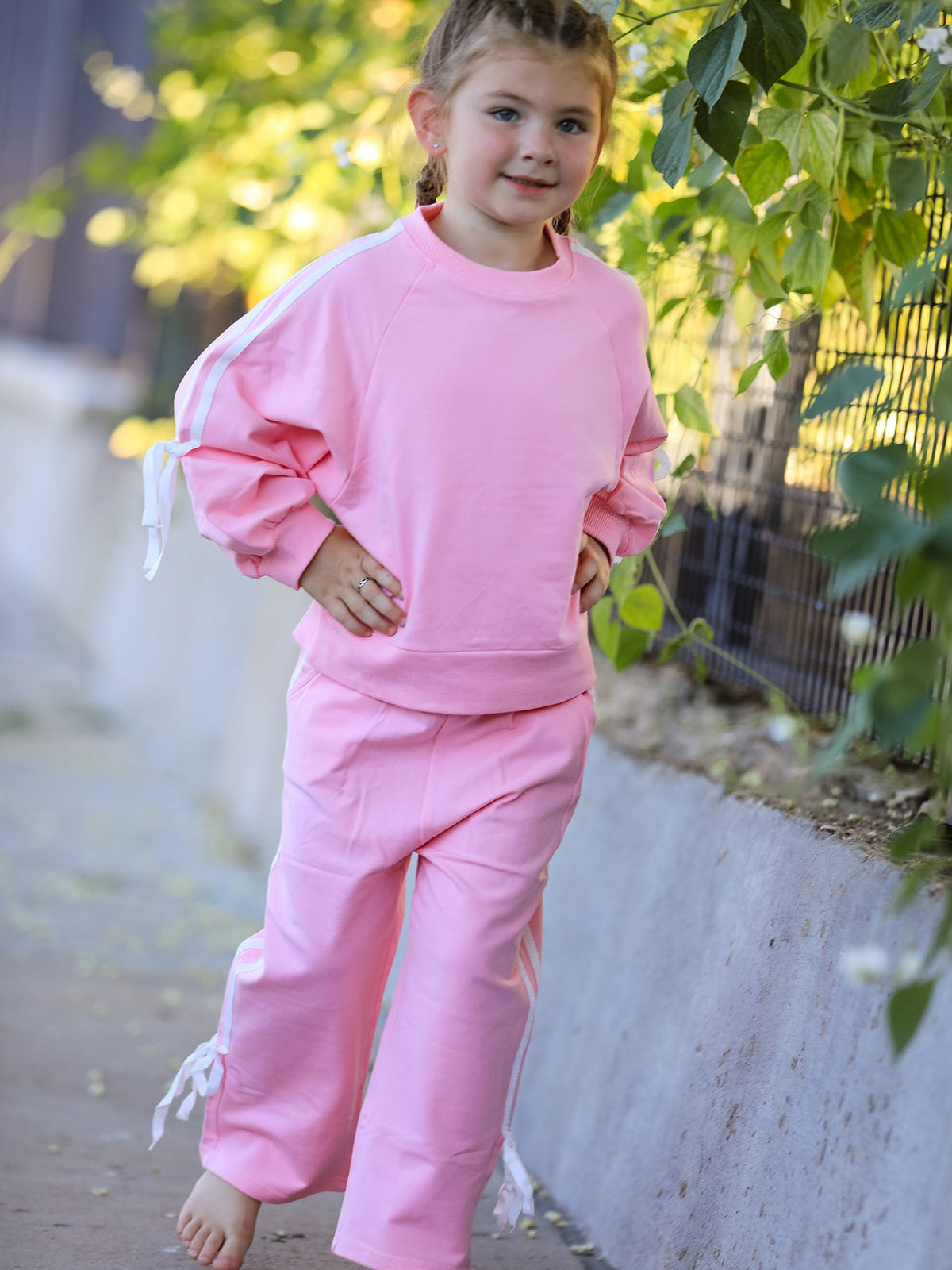 Girls Bow Trim Sweatshirt And Pants Set
