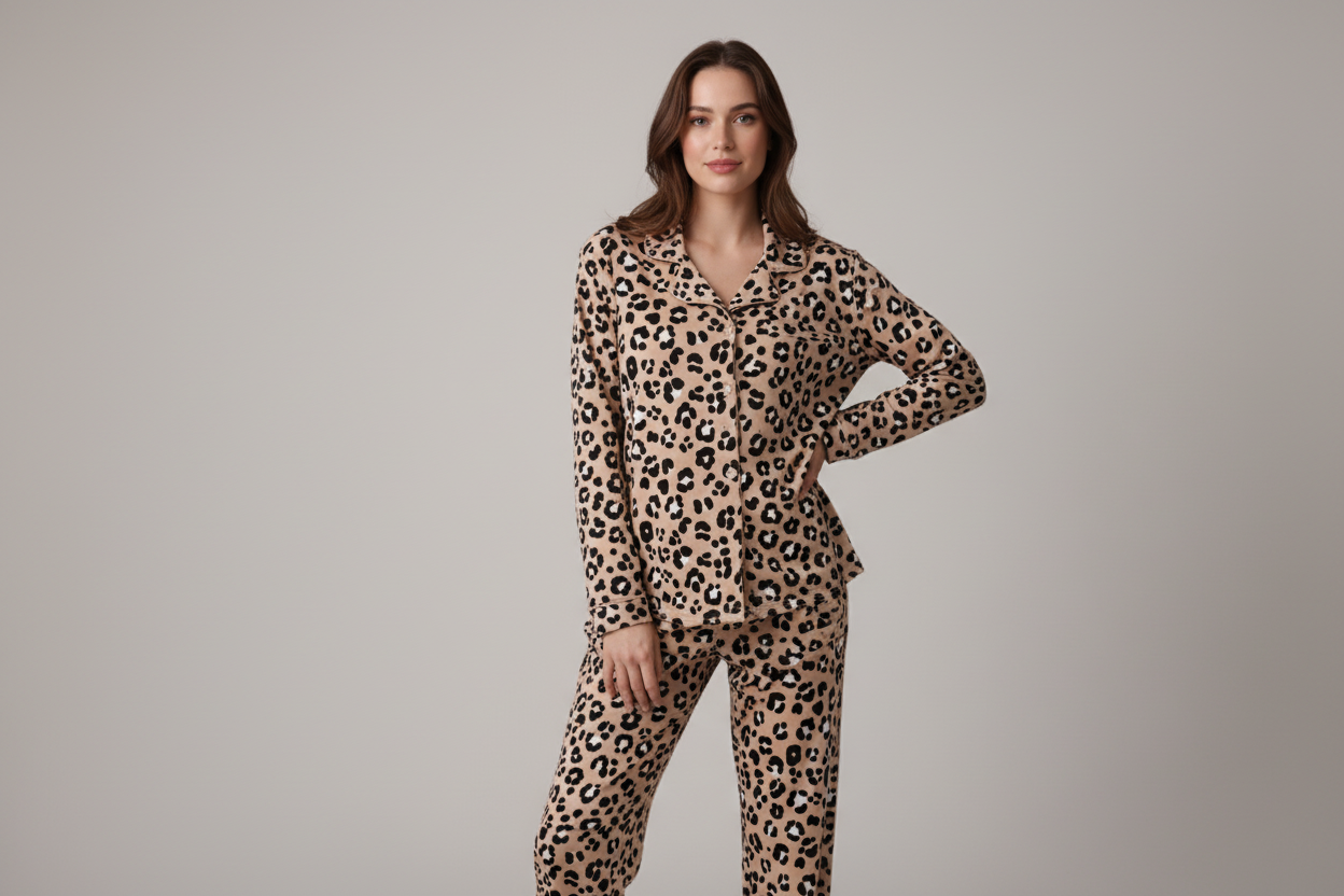 Woman wearing leopard print pajamas on a gray background