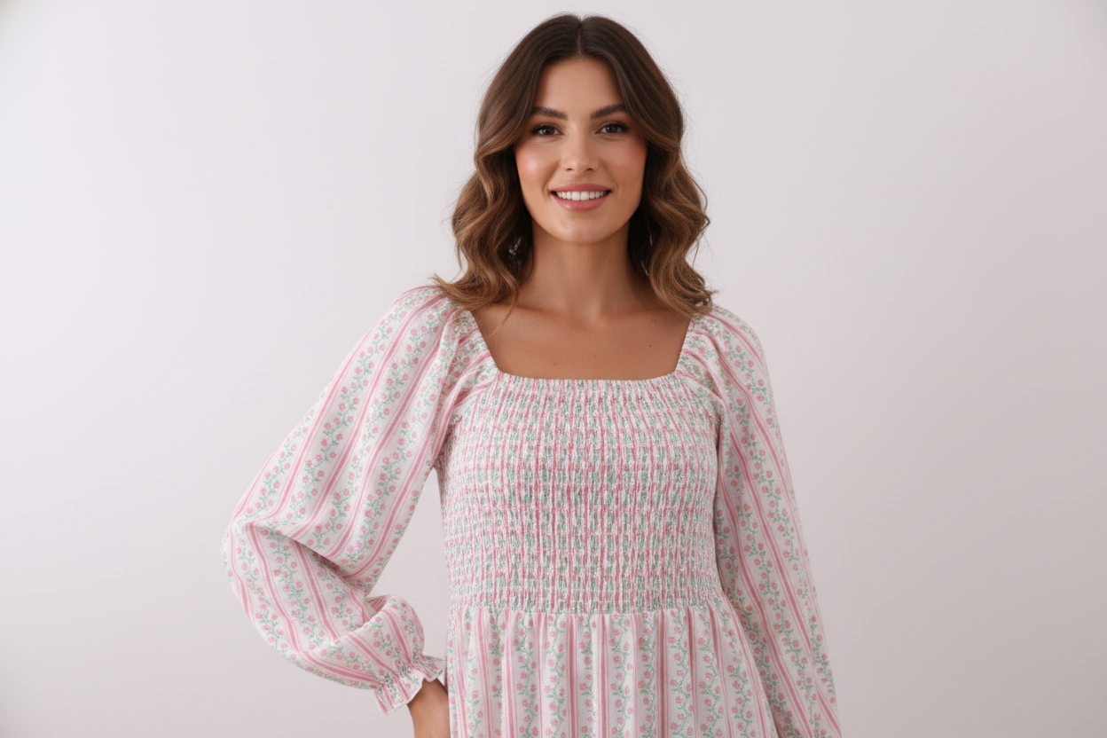 Woman wearing a white dress with floral patterns against a plain background