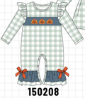 Sage Turkey Embroidery Gingham Ruffle Romper