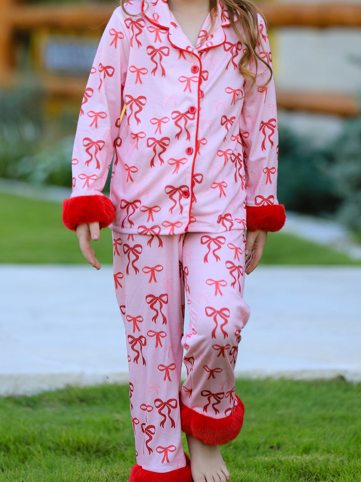 Bow Girls Pajama Set With Furry Trim